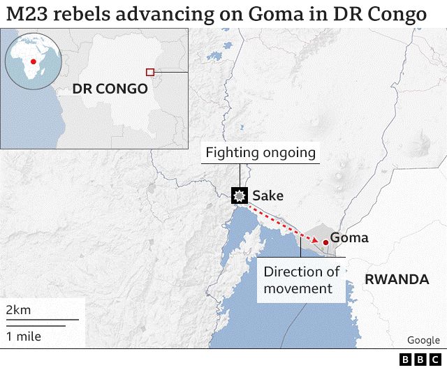 Map showing the M23 advancement on Goma
