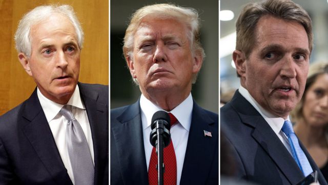 左からコーカー議員、トランプ大統領、フレーク議員