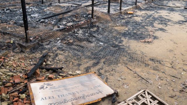 Burned Clinic in Al Lel Than Kyaw, with a sign showing the MSF logo