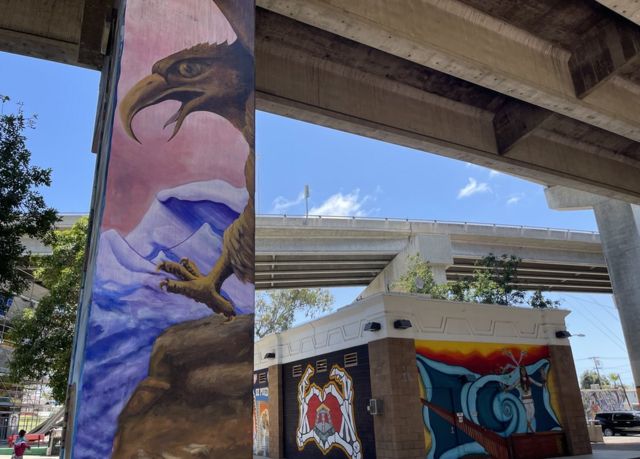 Interstate 5 freeway passes over Chicano Park.
