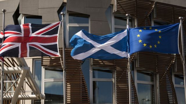 Banderas en las afueras del parlamento escocés.