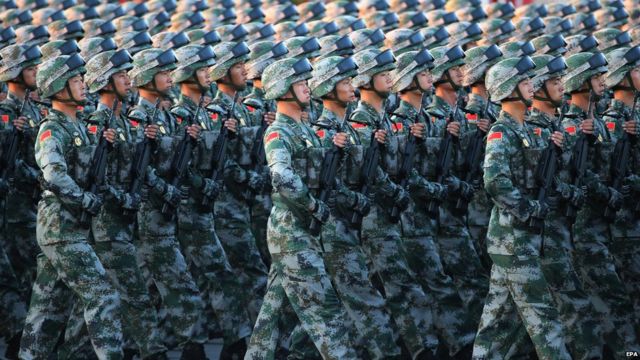 Chinese People"s Liberation Army (PLA) soldiers train before the military parade at Tiananmen Square in Beijing, China, 03 September 2015.