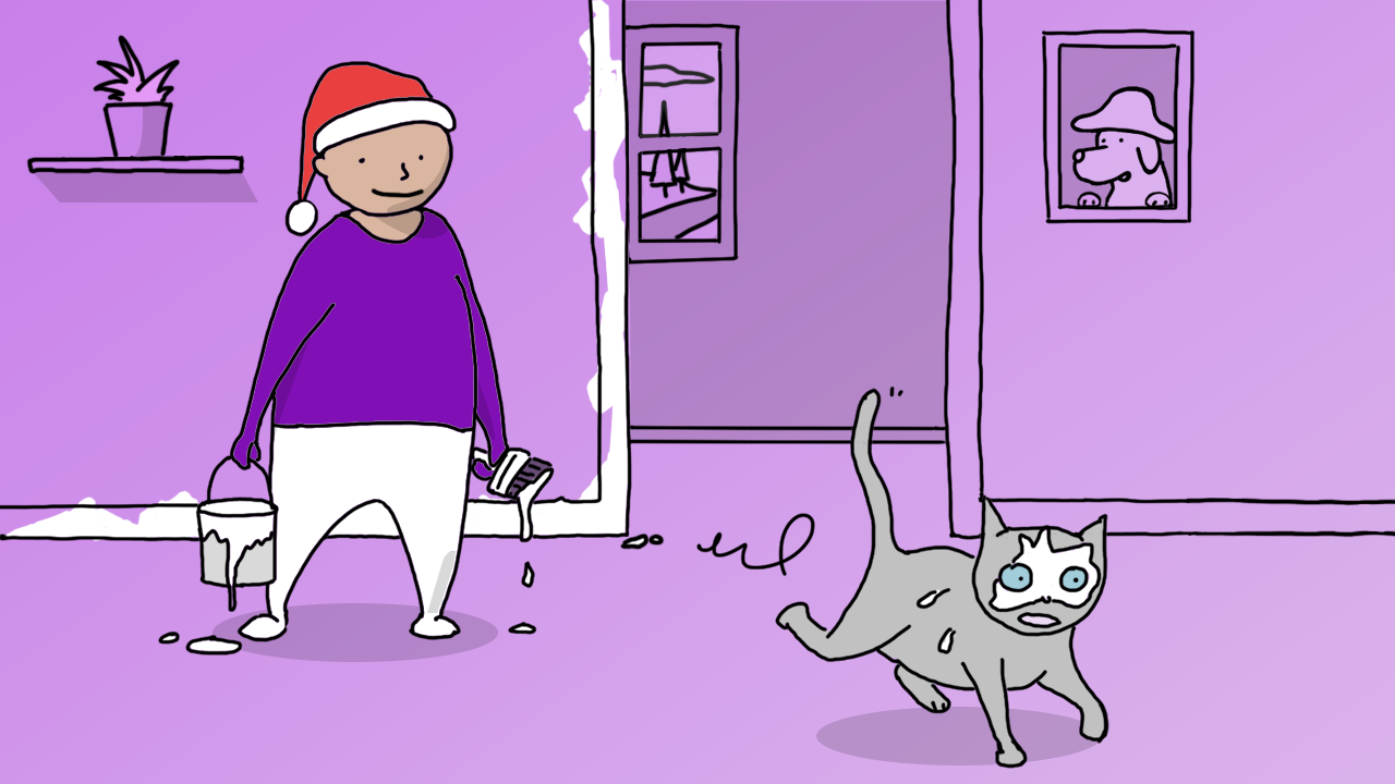 Малюнок: людина з відром фарби і пензлем в руках і кішка