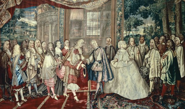 Сусрет француског краља Луја XIV и шпанског краља Филипа IV на Острву фазана, 1660. године. Приказ на таписерији из 17. века која је израђена у радионици Жана Мозана, из серије "Приче о краљу"