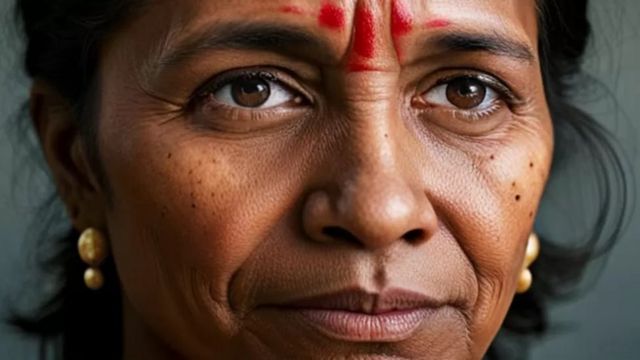 وجه سيدة هندية خمسينية وعلى جبينها القرمز الأحمر الذي يرمز للمتزوجات، صنعت بواسطة الذكاء الاصطناعي