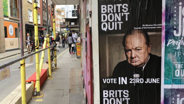 Cartaz pró-UE usa imagem de ex-premiê Winston Churchill, que buscou aliados na Europa