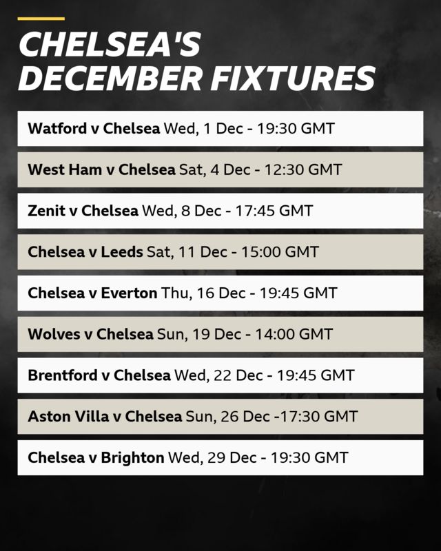 Chelsea December fixtures: Watford v Chelsea (Wed, 1 Dec 19:30), West Ham v Chelsea (Sat, 4 Dec - 12:30), Zenit v Chelsea (Wed 8 Dec - 17:45), Chelsea v Leeds (Sat, 11 Dec - 15:00), Chelsea v Everton (Thu, 16 Dec - 19:45), Wolves v Chelsea (Sun, 19 Dec - 14:00), Brentford v Chelsea (Wed, 22 Dec - 19:45), Aston Villa v Chelsea (Sun, 26 Dec - 17:30), Chelsea v Brighton (Wed, 29 Dec - 19:30) (All times GMT)