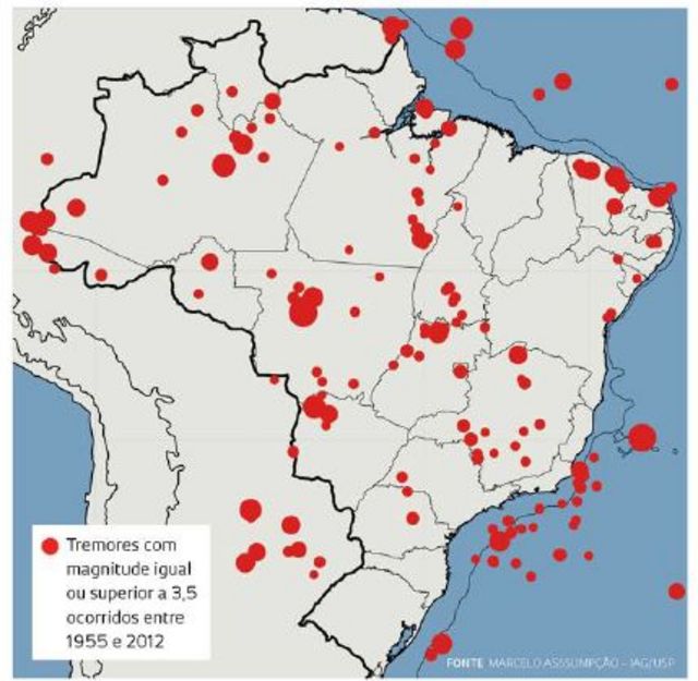 Mapa de tremores registrados no Brasil