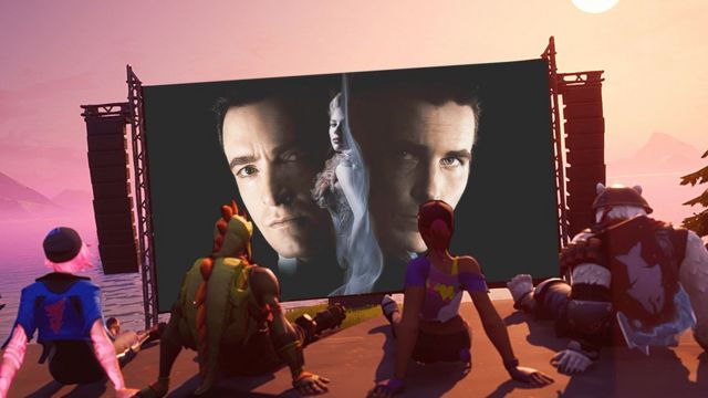Imagem de bonecos em videogames sentados assistindo a filme no telão