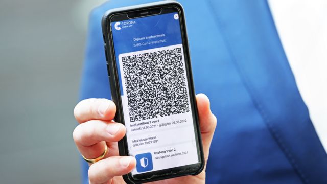 QR code from an EU Digital Covid Certificate on a smartphone screen