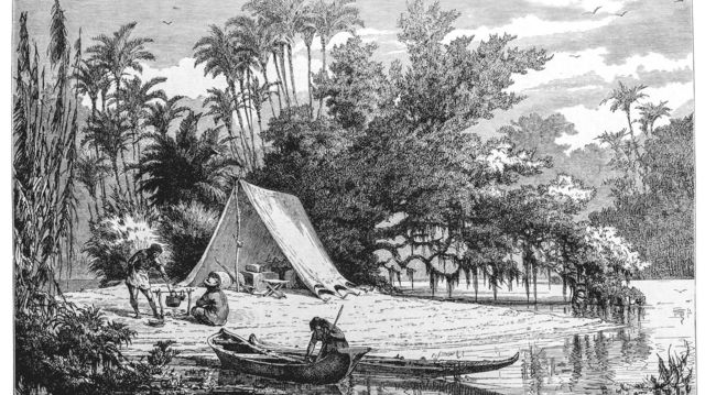 ilustración de un asentamiento indígena en donde hay una casa de campaña de conquistadores