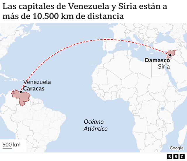 Mapa que muestra la distancia desde Venezuela a Siria