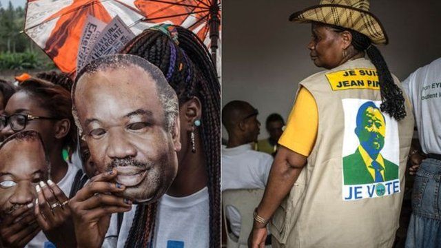 Des partisans d'Ali Bongo (à gauche) et des partisans de Jean Ping (à droite).