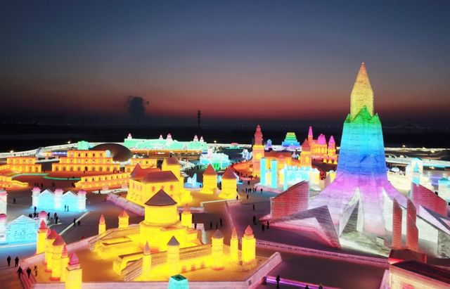 An aerial view of Harbin International Ice and Snow Sculpture Festival seen at night
