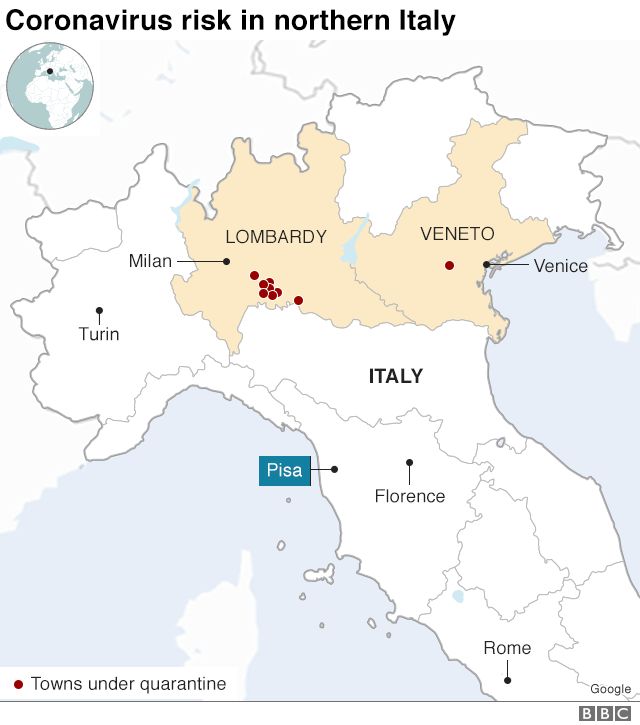 Map showing areas of northern Italy affected by coronavirus