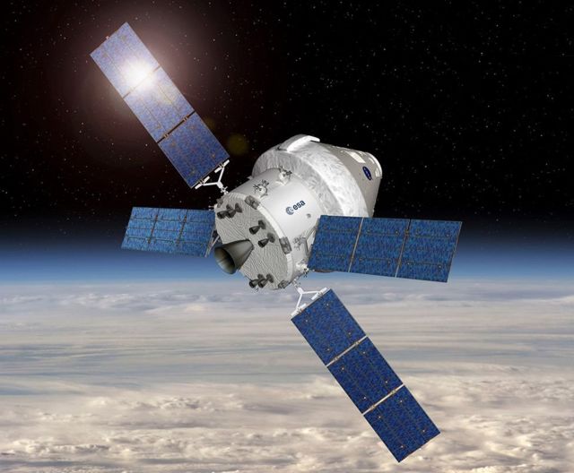 The cone-shaped Orion capsule is propelled into space by the European Service Module