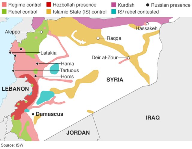 シリア内戦における9月28日時点の勢力分布　（米シンクタンク「戦争研究所」（ISW）資料より）
