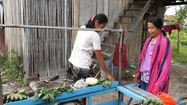 Indotang (kanan) sehari-hari berkeliling dari pulau ke pulau, menjajakan sayuran kepada warga di Kabupaten Pangkep, Sulawesi Selatan