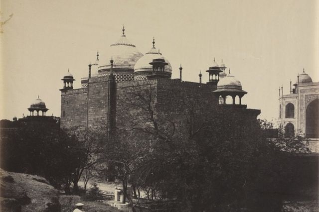Taj Mahal, Back View of the Rest-House, with Figure, c. 1858-1862. John Murray (British, 1809-1898). Albumen print from wax paper negative; image: 39.7 x 44.8 cm (15 5/8 x 17 5/8 in.); paper: 40.5 x 44.8 cm (15 15/16 x 17 5/8 in.); matted: 55.9 x 66 cm (22 x 26 in.). (Photo by: Sepia Times/Universal Images Group via Getty Images)