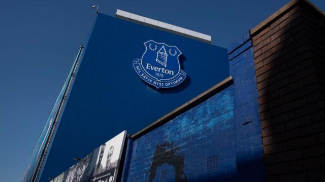 General view outside Goodison Park of Everton badge
