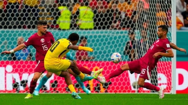 Ecuador scores against Qatar in the opening match.