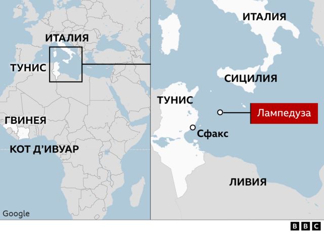 На карте обозначено место кораблекрушения и страны происхождения мигрантов