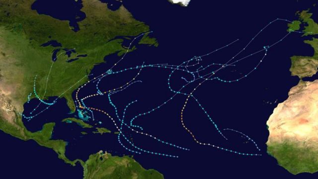 Mapa que muestra el recorrido de los huracanes en el Atlántico norte en el 2019
