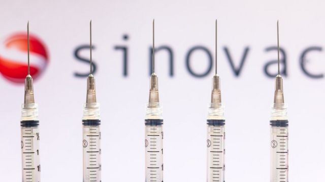 Various medical syringes seen with Sinovac Biotech company logo displayed on a screen in the background.