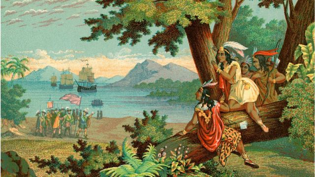 Ilustración de Cristóbal Colón llegando al Nuevo Mundo.
