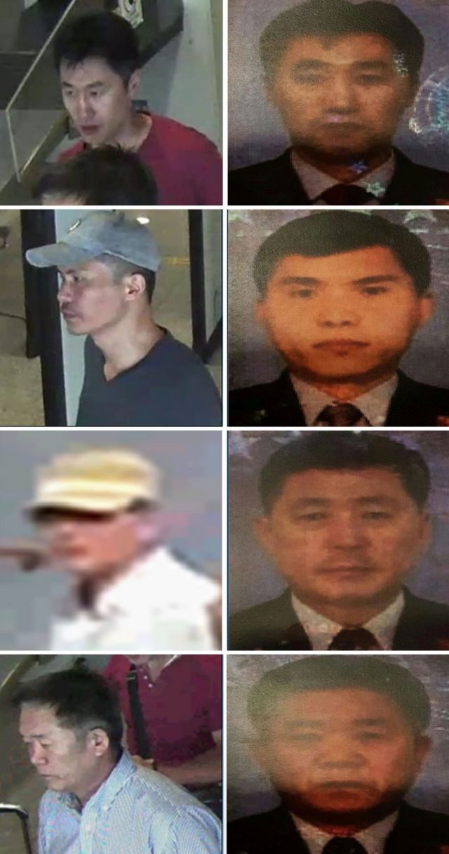 马来西亚警方周日公布的四名朝鲜籍嫌疑人的照片（上至下）：洪宋鹤（音译，34岁）、李智铉（音译，33岁）、敖钟吉（音译，55岁）和李载南（音译，57岁）。