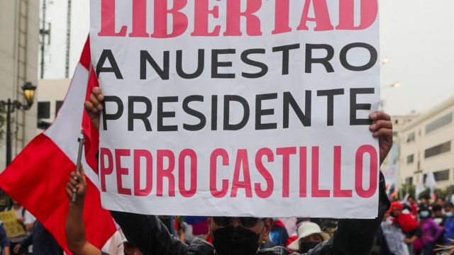 A woman with a banner calling for the release of Pedro Castillo