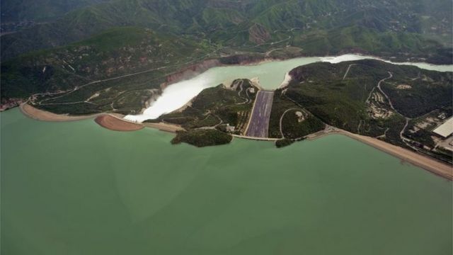In this picture taken on August 24, 2010, an aerial view of water released in the Tarbela Dam spillway is pictured in Tarbela, Khyber Pakhtunkhawa province