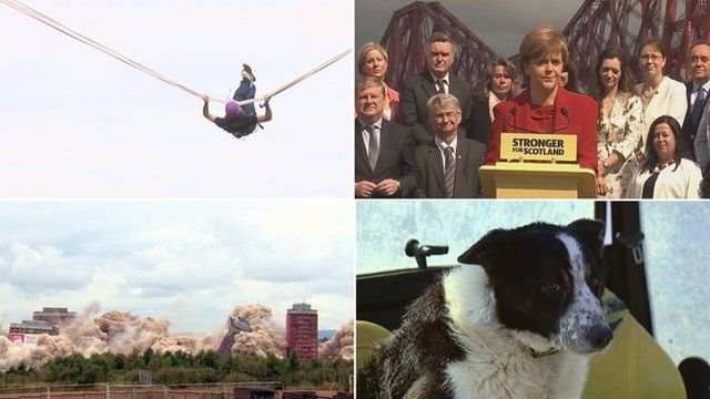 Human slingshot, Nicola Sturgeon and SNP MSPs, Red Road flats and Don the sheepdog