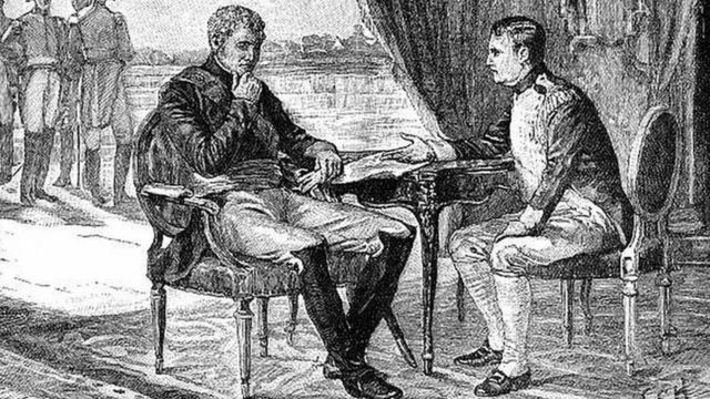 نابليون والكسندر الأول يبرمان معاهدة تيليست في عام 1807