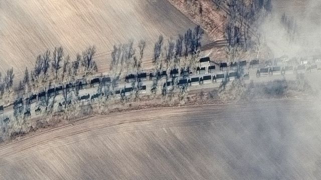 A large deployment of Russian ground forces, containing hundreds of military vehicles, are seen in convoy northeast of Ivankiv, Ukraine on February 27, 2022. The vehicles are moving in the direction of Kyiv.