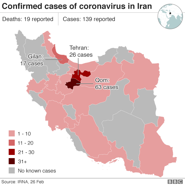 Map showing coronavirus cases in Iran (26 February 2020)