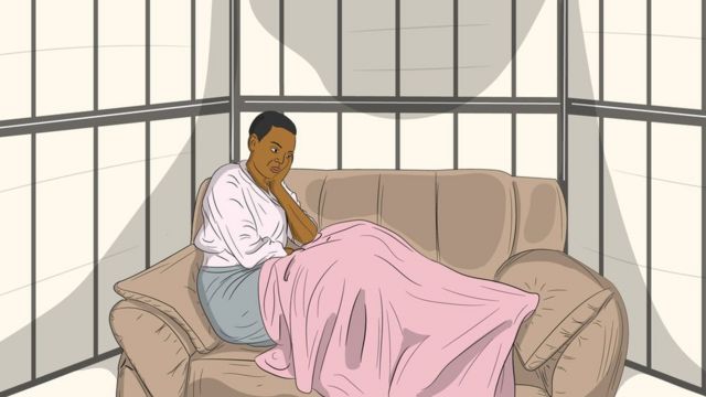 An illustration of a caged woman seated on a couch
