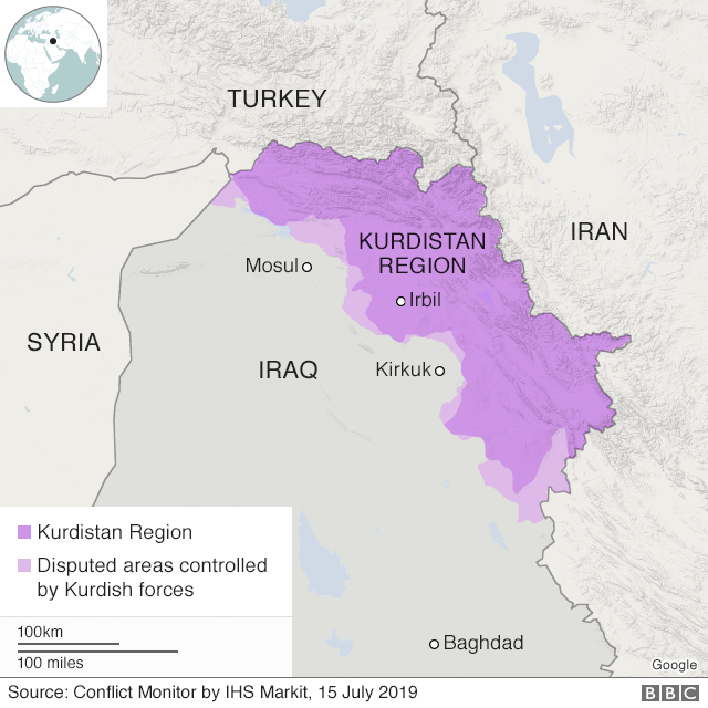 Карта, показывающая Курдистан в Ираке и спорные районы, контролируемые курдскими войсками