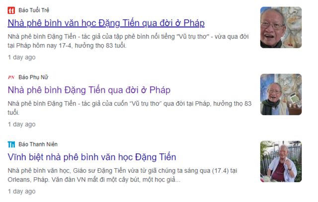 Bài viết về nhà phê bình Đặng Tiến trên Thanh Niên Online là Phụ Nữ Online không còn khả dụng, còn bài viết trên Tuổi Trẻ thì bị đổi thành bài viết khác có tựa "Festival Nhiếp ảnh quốc tế Việt Nam' lần thứ hai sẽ diễn ra tại Bình Thuận"