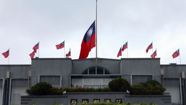 A Taiwan flag flies at half-staff at the Hualien County government building, a day after the deadly train derailment in a tunnel north of Hualien, Taiwan April 3, 2021.