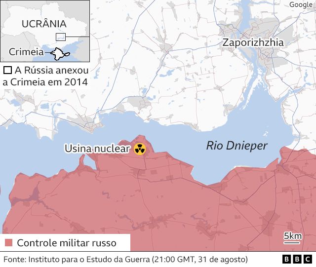 Mapa mostra localização da usina nuclear de Zaporizhzhia