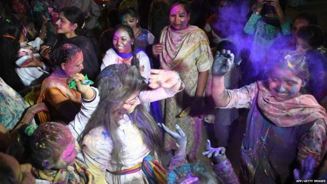 Pakistani Hindu celebrate the holi festival in Karachi on March 1, 2018.