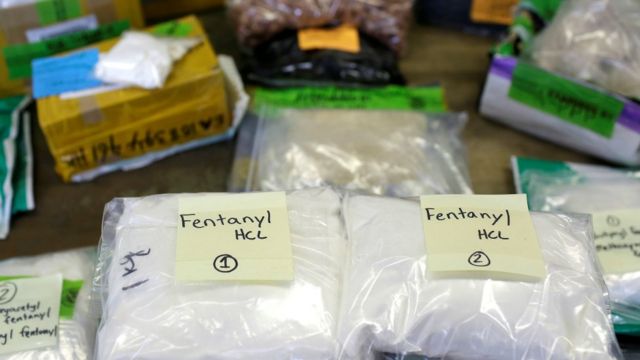Plastic bags of Fentanyl displayed at the US Customs and Border Protection area at the International Mail Facility at O'Hare International Airport in Chicago, Illinois, November 29, 2017