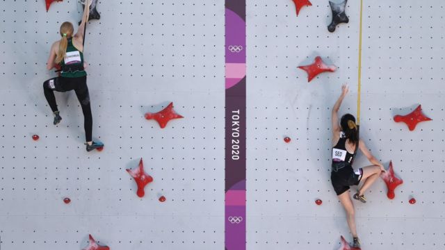 Erin Sterkenburg of South Africa and Chaehyun Seo of Republic of Korea compete in Sport Climbing