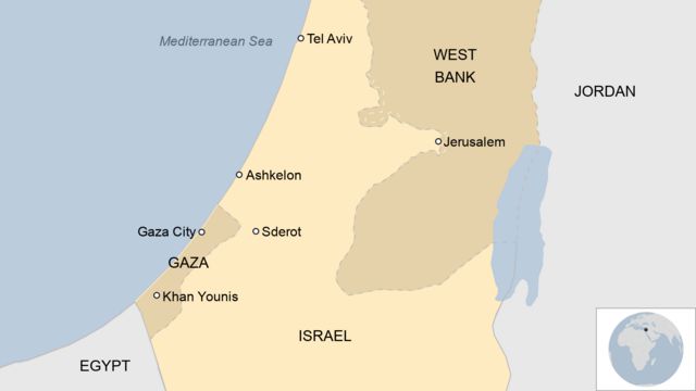Map showing Israel, Gaza and the West Bank