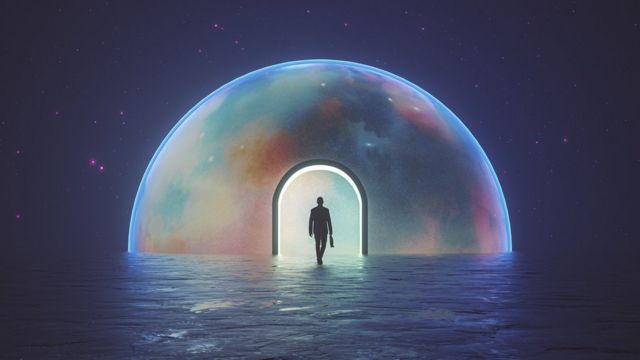 Ilustração de uma pessoa entrando em uma semiesfera que se parece com a Lua, sobre uma superfície líquida