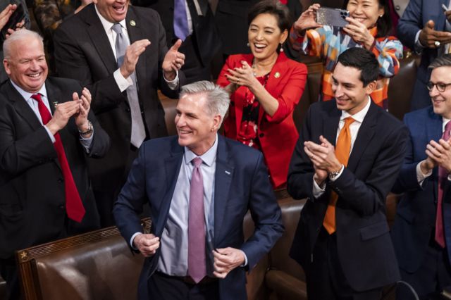 Republican Leader Kevin McCarthy's reaction after winning the presidency of the House of Representatives at the US Capitol in Washington, DC, U.S., January 7, 2023.