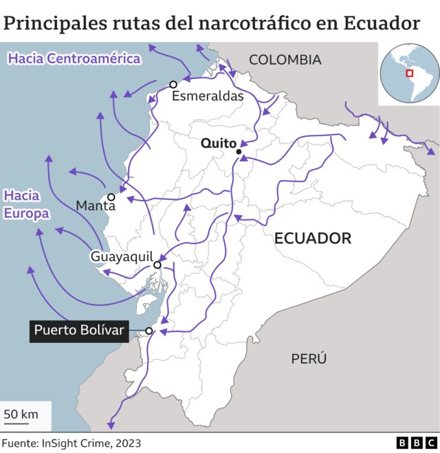 Gráfico con las principales rutas del narcotráfico en Ecuador.