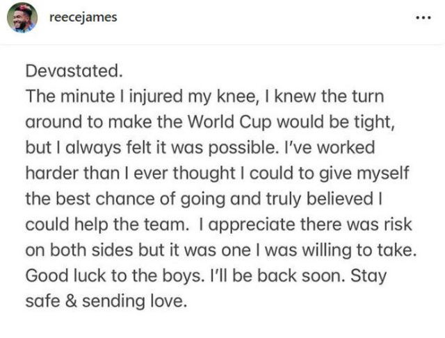 Reece James shares a social media message stating he is devastated