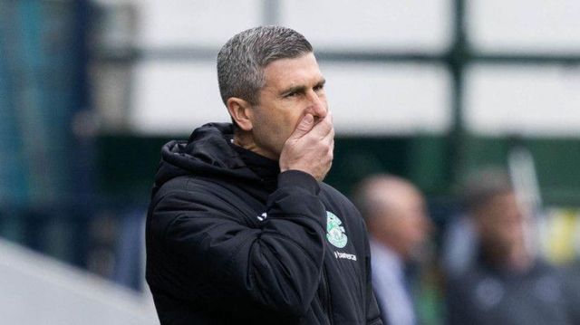 Hibernian manager Nick Montgomery looks dejected during a cinch Premiership match between Ross County and Hibernian at the Global Energy Stadium, on May 04, 2024, in Dingwall, Scotland. (Photo by Ross Parker / SNS Group)